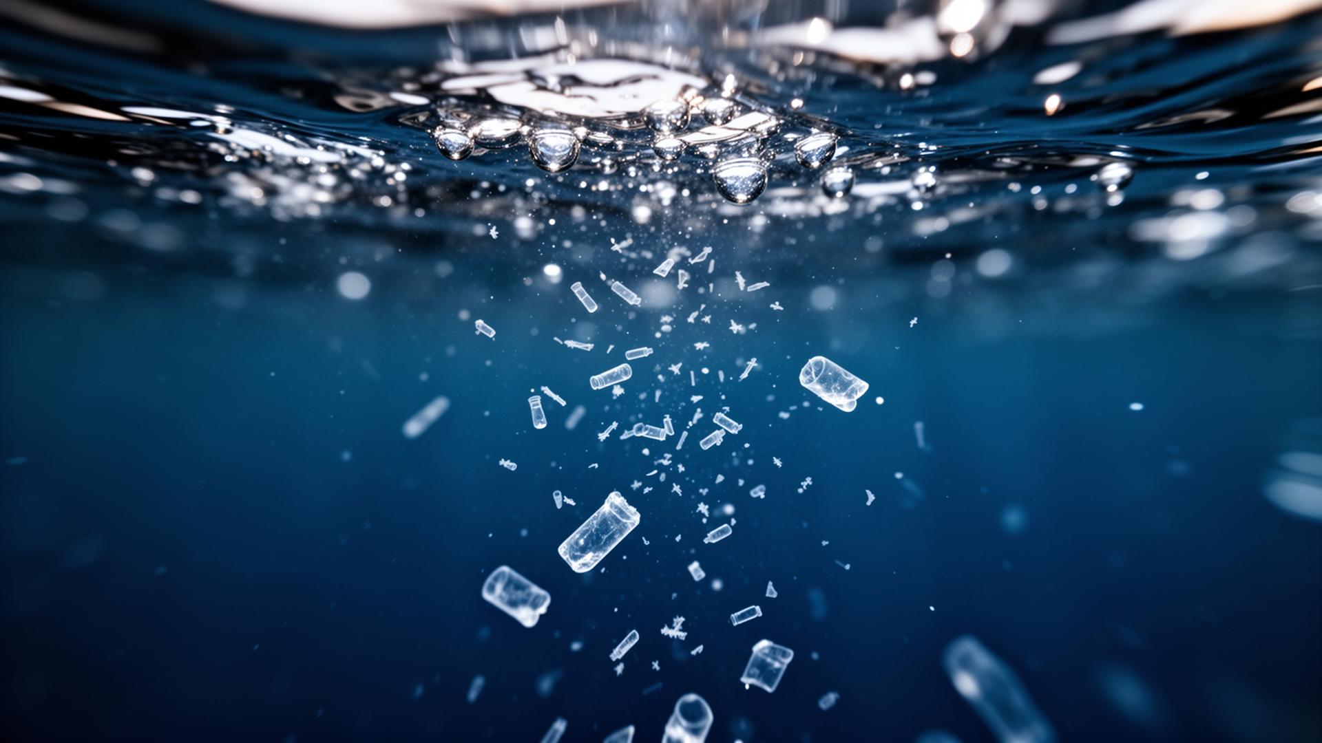 Microplastic particles suspended in water