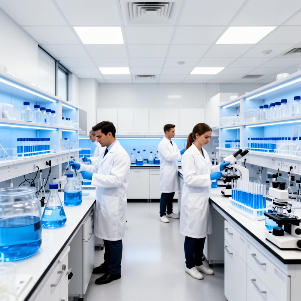 Scientists analyzing water samples in laboratory